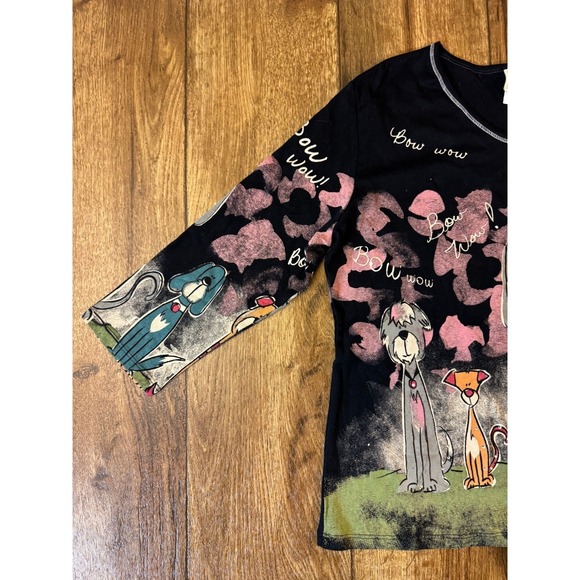 Jess & Jane Bow Wow Dog Graphic V-Neck Top 100% Cotton Black XL Made USA New - Picture 7 of 16